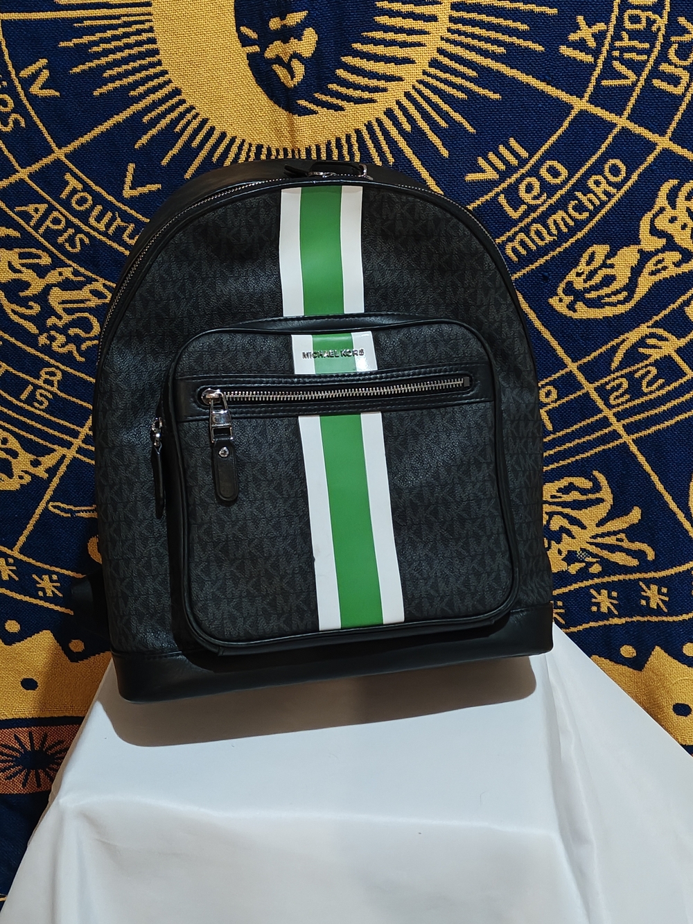 Michael Kors Black Backpack with Green & White Center Stripe